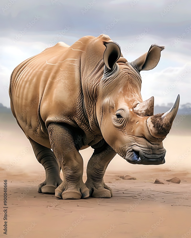 Fototapeta premium Young rhino playing in a protected reserve, oil painting style, semi-close-up, experienced professional design, more clarity with clear light and sharp focus, high detailed