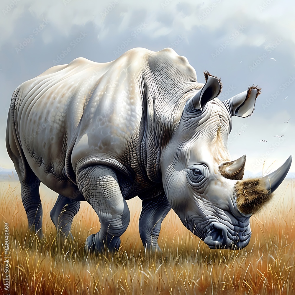 Fototapeta premium Rhinoceros grazing on grass, oil painting texture, semi-close-up, experienced template designer, more clarity with clear light and sharp focus, high detailed