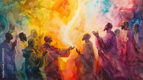 Pentecostal watercolor scene with apostles speaking in tongues, vibrant colors photo