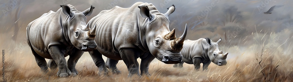 Fototapeta premium Rhino with conservationists, oil painting texture, semi-close-up, professional design expert, more clarity with clear light and sharp focus, high detailed