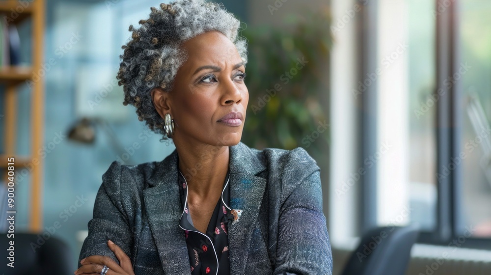 A woman with short hair and gray hair is sitting at a desk with her arms crossed A woman with short hair and gray hair is sitting at a desk with her arms crossed