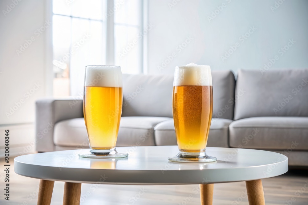 Two frosty glasses of golden beer on a modern coffee table in front of a sleek, minimalist white background, evoking relaxation and togetherness. Two frosty glasses of golden beer on a modern coffee table in front of a sleek, minimalist white background, evoking relaxation and togetherness.