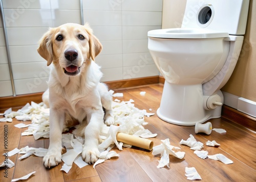 Mischievous dog's messy handiwork: toilet paper shredded and scattered across the floor, roll empty, and scraps hanging from toilet seat and bathroom fixtures chaotically. photo