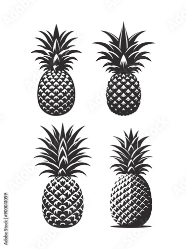 Set of pineapple, silhouettes and pineapple icons isolated on white background.