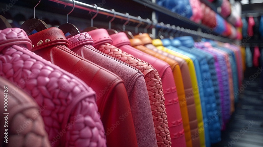 Obraz premium Colorful jackets hanging in a row in a store.