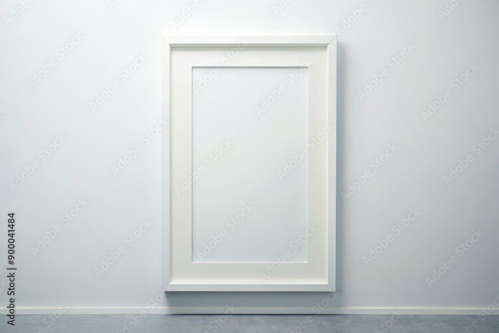 A sleek white rectangular frame mounted vertically on a crisp white wall, awaiting artwork or prints, offering a clean and modern display solution. A sleek white rectangular frame mounted vertically on a crisp white wall, awaiting artwork or prints, offering a clean and modern display solution.
