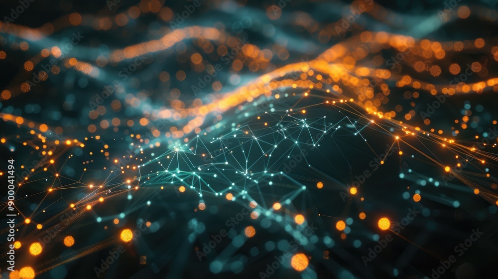 Intricate 3D mesh with glowing particles and interconnected lines, illustrating technological connections. Intricate 3D mesh with glowing particles and interconnected lines, illustrating technological connections.