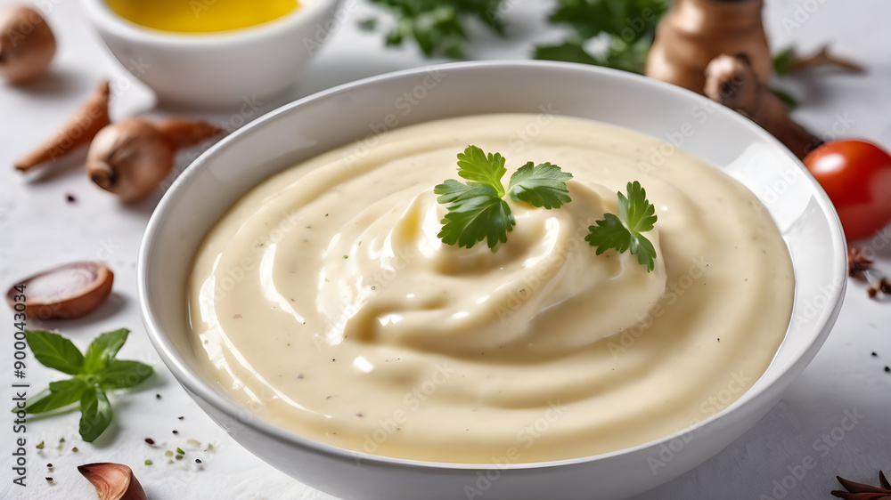 Delicious mayonnaise on white table. Generative AI