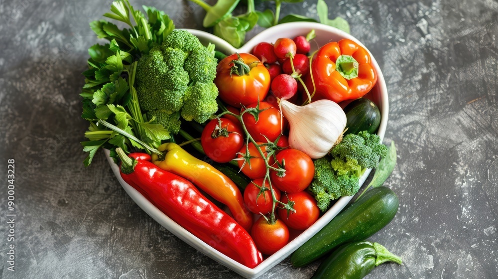 Heart-shaped dish with a variety of fresh vegetables, prominently displayed in a nutritionist's consultation room. Heart-shaped dish with a variety of fresh vegetables, prominently displayed in a nutritionist's consultation room.