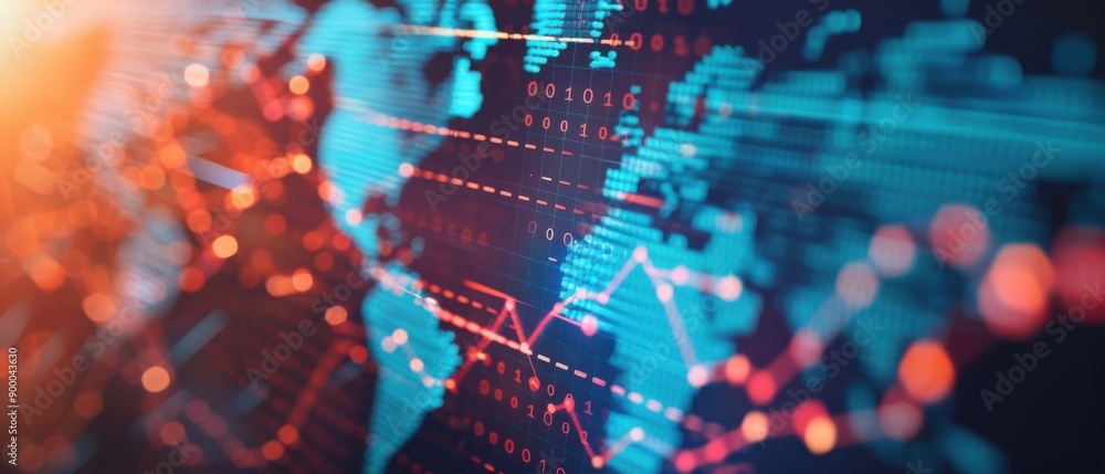 Digital visualization of global data networks with a focus on interconnected graphs and world maps in bright blue and red. Digital visualization of global data networks with a focus on interconnected graphs and world maps in bright blue and red.