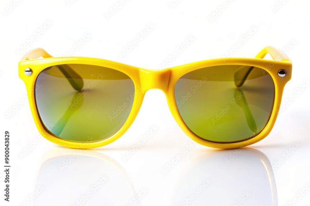 Brightly colored yellow sunglasses with trendy frames lie isolated on a pristine white surface, awaiting their next adventure, with a transparent background. Brightly colored yellow sunglasses with trendy frames lie isolated on a pristine white surface, awaiting their next adventure, with a transparent background.