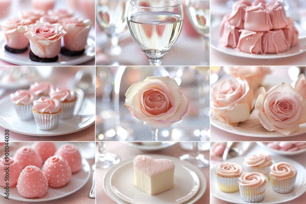Elegant display of pink and white desserts and wine creating a sophisticated and festive arrangement for celebrations Elegant display of pink and white desserts and wine creating a sophisticated and festive arrangement for celebrations