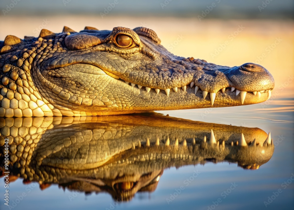 Fototapeta premium A majestic head of a Nile crocodile in profile, showcasing its ancient, armor-plated skin, lies still on the riverbank, contrasted against the calm water's reflective surface.