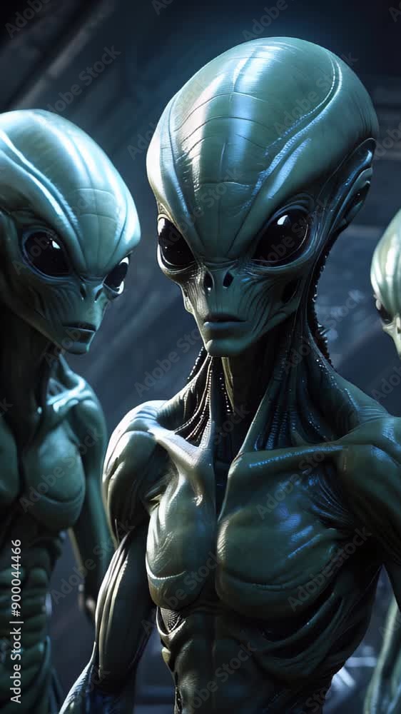 aliens with elongated heads and dark sleek bodies standing against comic background with a dark, eerie environment scene from an alien invasion or a science fiction thriller aliens with elongated heads and dark sleek bodies standing against comic background with a dark, eerie environment scene from an alien invasion or a science fiction thriller