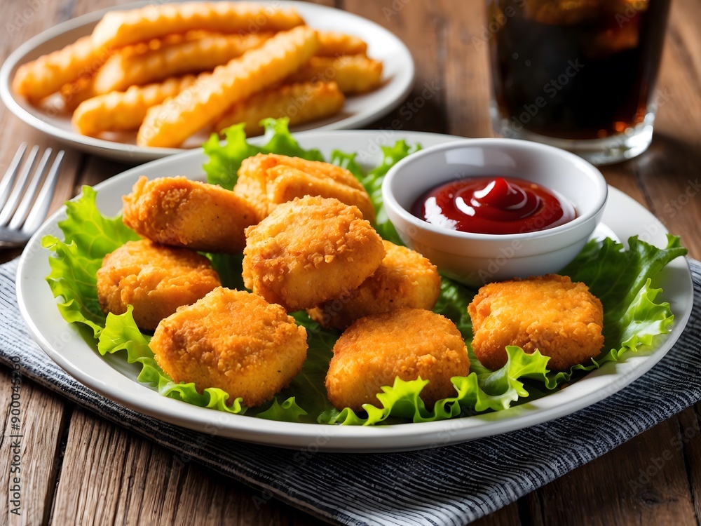 Delicious crispy fried chicken nuggets with sauce and lettuce close-up on the board. Side view. A bunch of nuggets. Ai Generative. Delicious crispy fried chicken nuggets with sauce and lettuce close-up on the board. Side view. A bunch of nuggets. Ai Generative.