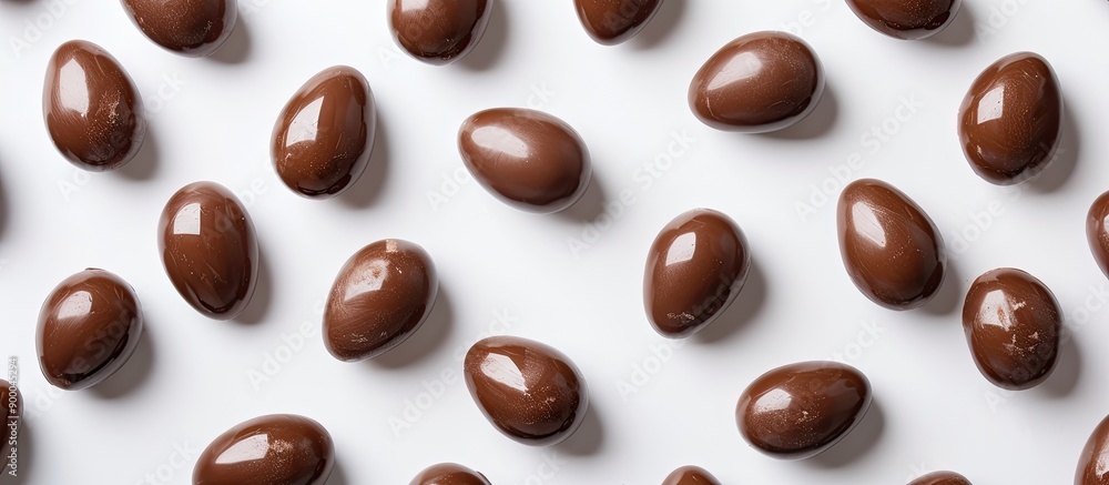 Chocolate covered chicken eggs distributed on a plain white backdrop isolated for a top down copy space image Chocolate covered chicken eggs distributed on a plain white backdrop isolated for a top down copy space image