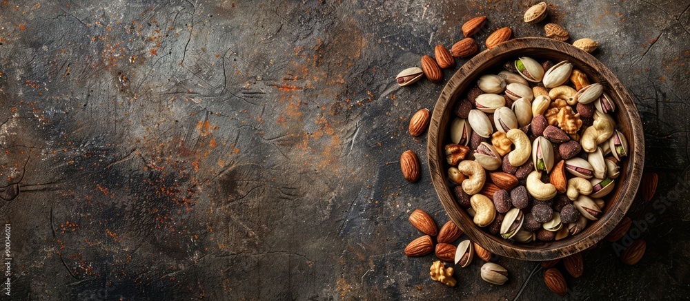 Display a variety of nuts like pistachios peanuts cashews and almonds in a rustic wooden bowl for a healthy and vegetarian snack option representing the concept of superfoods Incorporates a copy space Display a variety of nuts like pistachios peanuts cashews and almonds in a rustic wooden bowl for a healthy and vegetarian snack option representing the concept of superfoods Incorporates a copy space