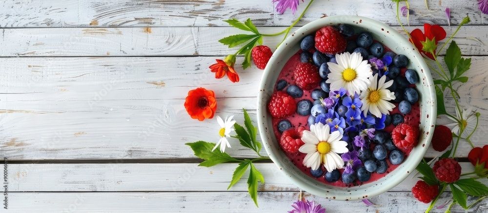 Top down view of a delectable smoothie bowl adorned with fresh fruits blueberries and flowers Placed on a white wooden surface offering ample copy space image Top down view of a delectable smoothie bowl adorned with fresh fruits blueberries and flowers Placed on a white wooden surface offering ample copy space image