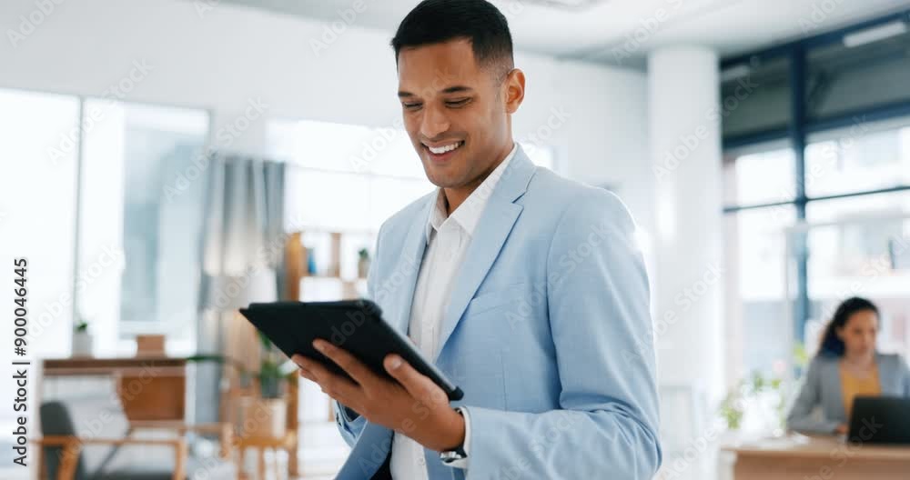 Happy, tablet and business man in office for social media, networking and website research. Communication, corporate workplace and male worker on digital tech for email, chatting and information Happy, tablet and business man in office for social media, networking and website research. Communication, corporate workplace and male worker on digital tech for email, chatting and information