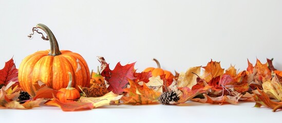 Autumn leaves and a pumpkin displayed on a white backdrop for a copy space image