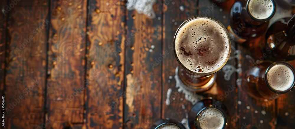 Top view of a beer glass on a wooden table with beer bottles around it The image features selective focus and a blank template for copy space Top view of a beer glass on a wooden table with beer bottles around it The image features selective focus and a blank template for copy space