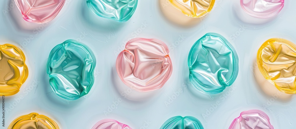 Safety concept symbolized by condoms on a plain backdrop with space for text or images. with copy space image. Place for adding text or design Safety concept symbolized by condoms on a plain backdrop with space for text or images. with copy space image. Place for adding text or design