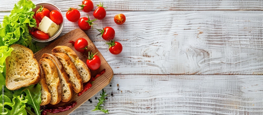 A fresh ripe brunch with cherry tomatoes on a cutting board accompanied by green lettuce bread and butter set on a white wooden table with copy space image