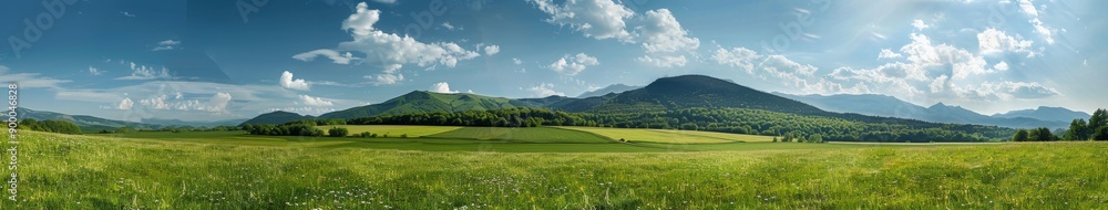 Obraz premium Breathtaking Panoramic Natural Landscape: Lush Green Meadow Under Vibrant Blue Sky with Fluffy Clouds and Majestic Mountains. Idyllic Scenery Perfect for Relaxation, Outdoor Adventure, and Environment