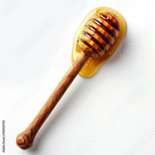 Create an illustration of a wooden dipper covered in honey. The honey should be dripping off the dipper in a thick, gooey stream. The background should be a solid white.