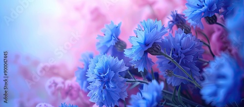 Fresh blue cornflower flowers arranged in a bouquet showcased in an abstract card with a stunning blossom as the botanical background perfect for a copy space image photo