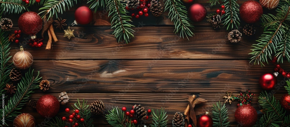 Top down view of a festive Christmas setting with a wooden backdrop featuring a frame crafted from fir branches and ornaments creating a festive Xmas concept with room for text. with copy space image Top down view of a festive Christmas setting with a wooden backdrop featuring a frame crafted from fir branches and ornaments creating a festive Xmas concept with room for text. with copy space image