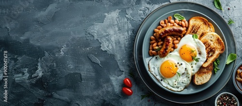 A classic English breakfast with eggs sausages toast beans herbs and spices on a grey ceramic plate presented on a dark concrete backdrop with copy space image