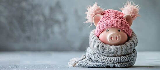 Piggy bank in a cozy winter hat on gray background with text space illustrating a clever idea for saving to keep you warm space for text by the image. with copy space image