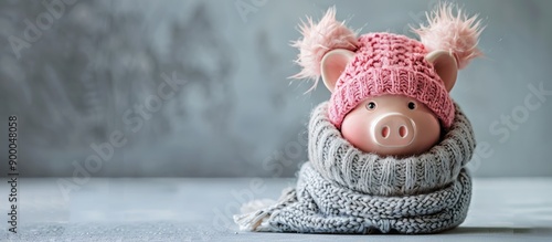Piggy bank in a cozy winter hat on gray background with text space illustrating a clever idea for saving to keep you warm space for text by the image. with copy space image