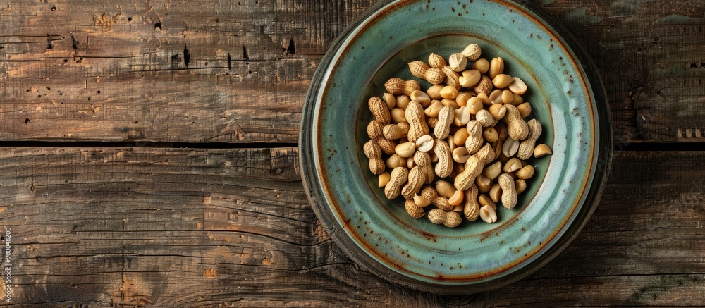 Top down view of a ceramic plate with a pile of unpeeled peanuts on a wooden surface with a large copy space image for versatility Top down view of a ceramic plate with a pile of unpeeled peanuts on a wooden surface with a large copy space image for versatility