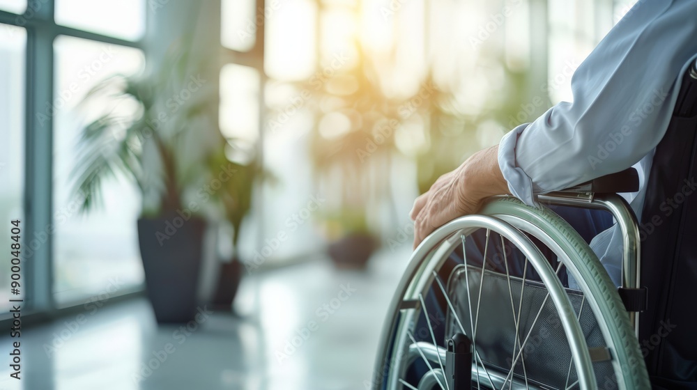 Fototapeta premium Person in a wheelchair in a modern office environment with plants. Accessibility and professional inclusion.