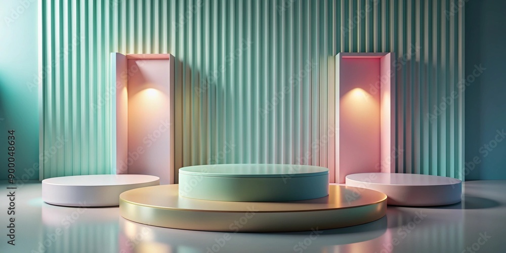 Three Circular Pedestals on a Minimalist Green and Pink Background. Three Circular Pedestals on a Minimalist Green and Pink Background.