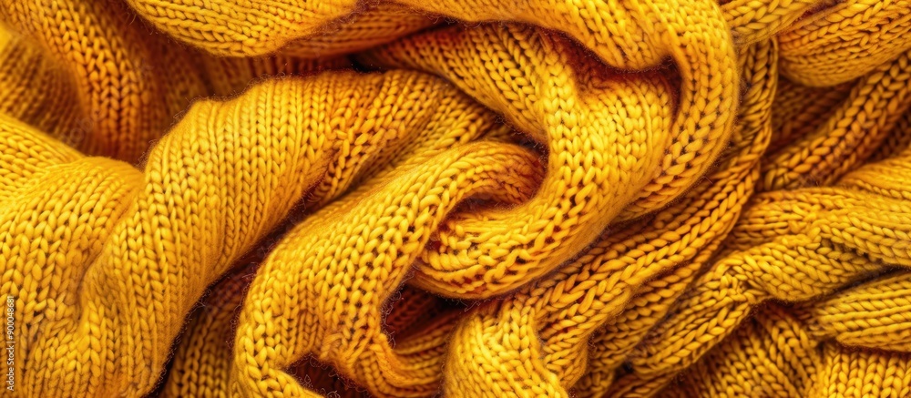Fototapeta premium Mustard yellow knit fabric creating a stylish fashion background perfect for a copy space image of a warm winter scarf or sweater