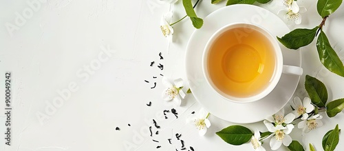 Green tea leaves and jasmine flowers displayed with a cup of tea on a white background featuring a top view with copy space image for floral tea presentation