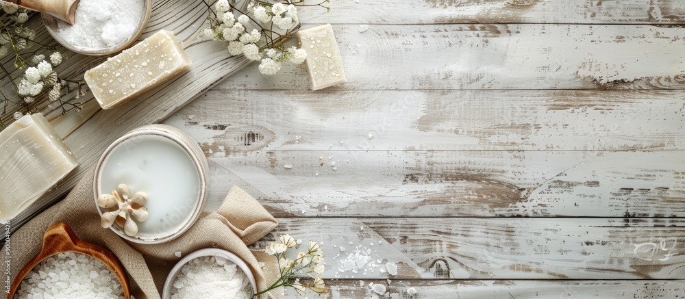 White wooden table displays salt milk soaps and henna blocks used for hair color providing an ideal composition for a copy space image White wooden table displays salt milk soaps and henna blocks used for hair color providing an ideal composition for a copy space image
