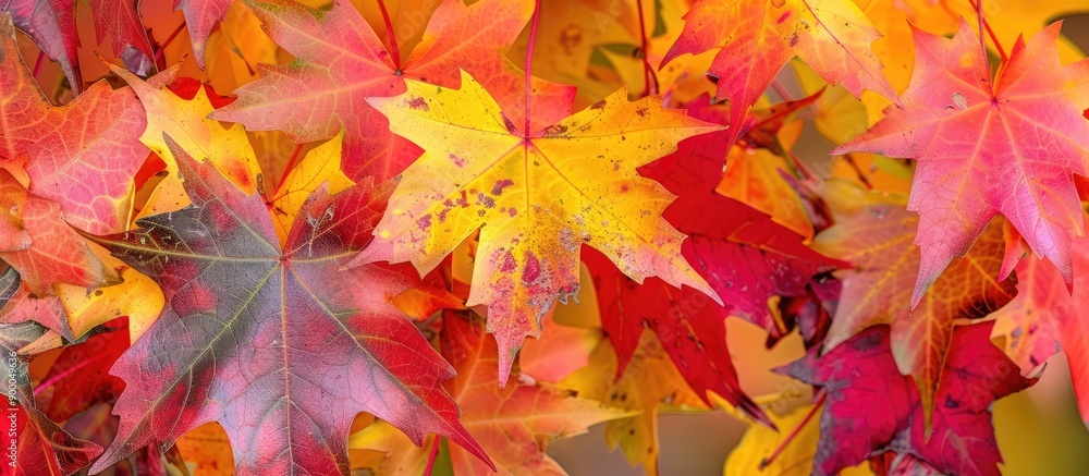 Fototapeta premium Deciduous sweetgum tree Liquidambar styraciflua displays vivid autumn shades perfect for a copy space image