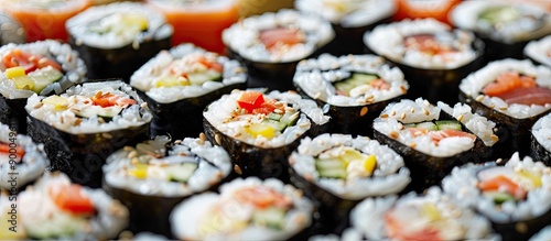 Sushi rolls arrayed on a re...