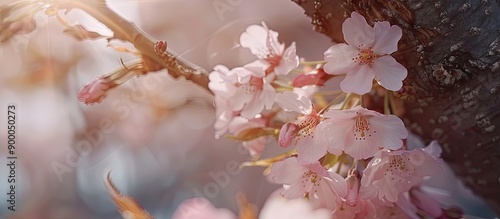 Capture the stunning sight of cherry blossoms blooming on a sakura tree during spring in the castle park capturing a close up macro image with ample copy space photo