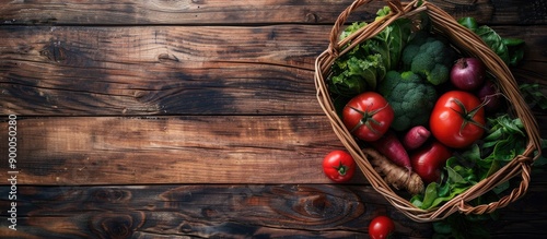 Basket with fresh vegetables on a wooden backdrop with copy space for text