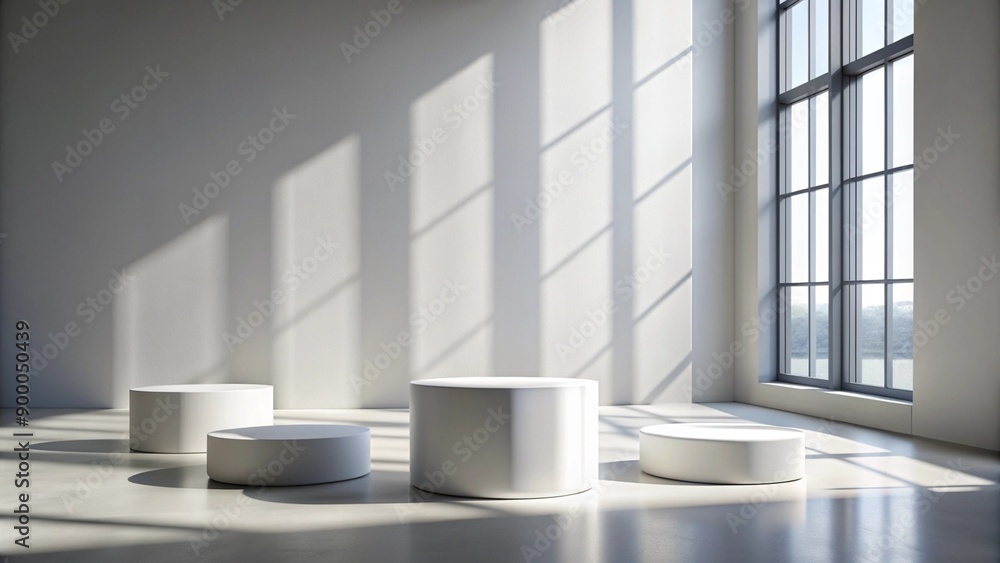 Minimalist White Cylinders on a Concrete Floor with Sunbeams. Minimalist White Cylinders on a Concrete Floor with Sunbeams.