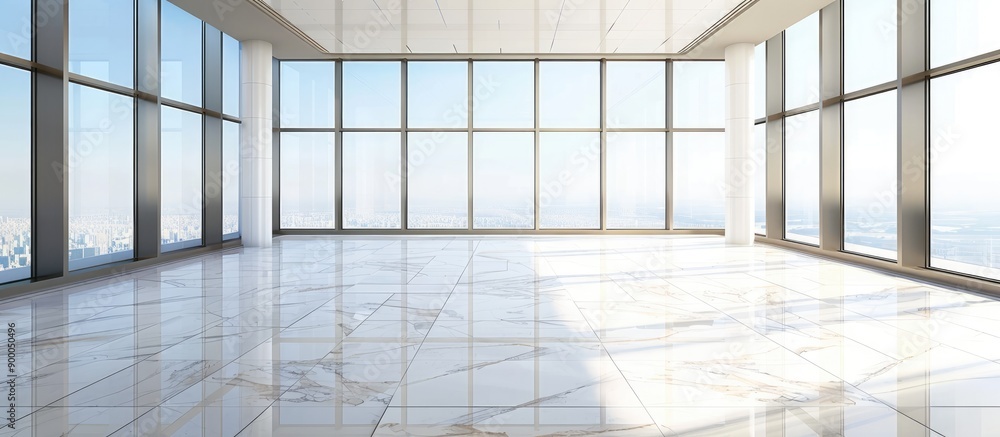 Modern building set against an expansive empty marble floor with copy space image Modern building set against an expansive empty marble floor with copy space image