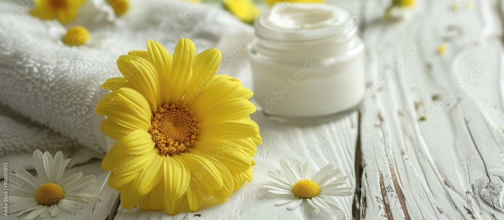 Yellow chrysanthemum flower on a white wooden surface with a cosmetic cream jar daisy and towel creating a serene arrangement for a copy space image Yellow chrysanthemum flower on a white wooden surface with a cosmetic cream jar daisy and towel creating a serene arrangement for a copy space image
