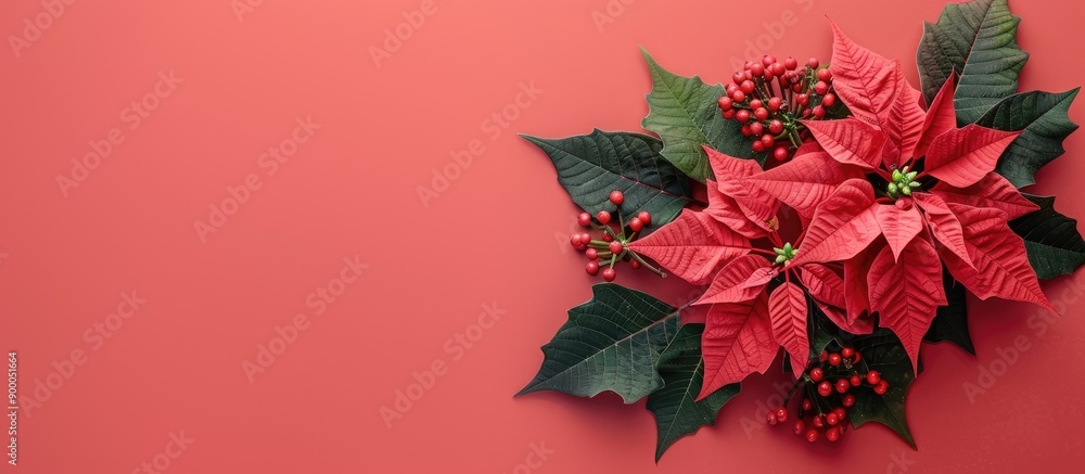 Fototapeta premium Festive Christmas decor featuring a poinsettia perfect for a holiday themed copy space image