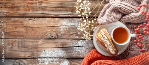 A warm sweater coffee cup eclair and flowers on a wooden table creating a cozy winter morning concept in a top view copy space image