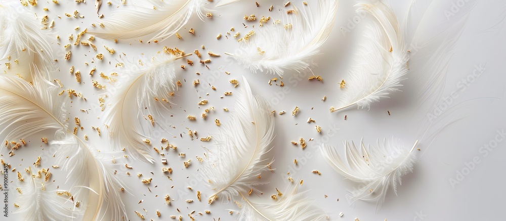 Flat lay of fluffy white goose feathers with golden nibs on a light background offering copy space for text in a close up shot Flat lay of fluffy white goose feathers with golden nibs on a light background offering copy space for text in a close up shot